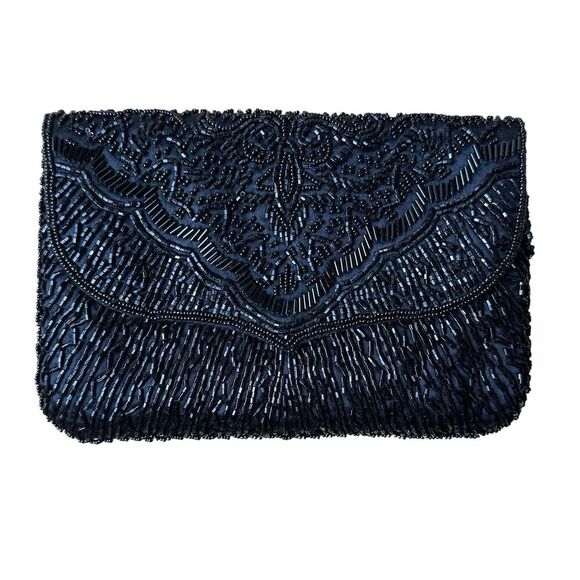 Vintage La Regale Black Beaded Evening Clutch Purse | Holiday Formal Evening - Picture 1 of 10